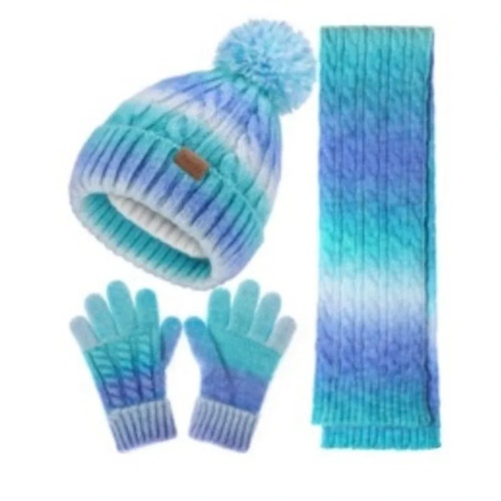 Remifa Kids Winter Hat Scarf Gloves Set Blue Teal Ombre Beanie WJEX001 M 3-8Y